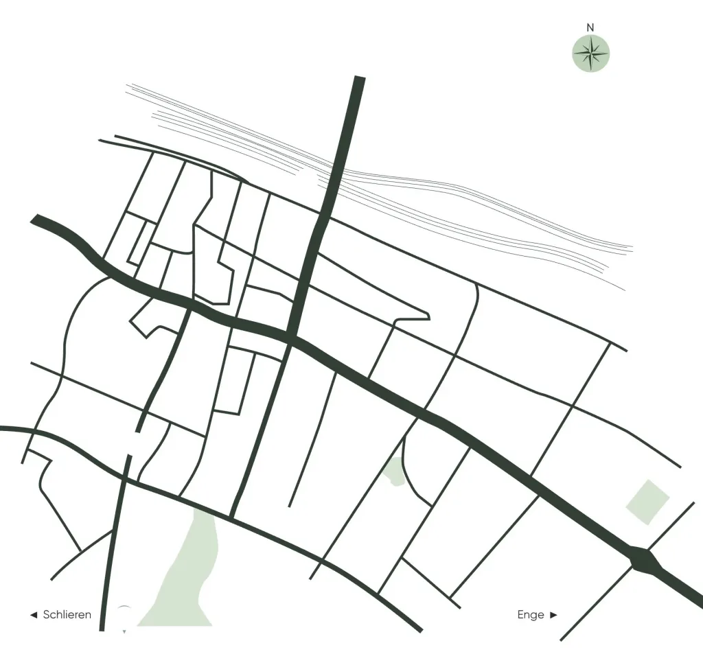 Lageplan des Quartiers Altstetten mit dem Standort LIVORA an der Saumackerstrasse, den umliegenden Strassen, der Bahnlinie und den sechs nummerierten Zielen der Umgebung.